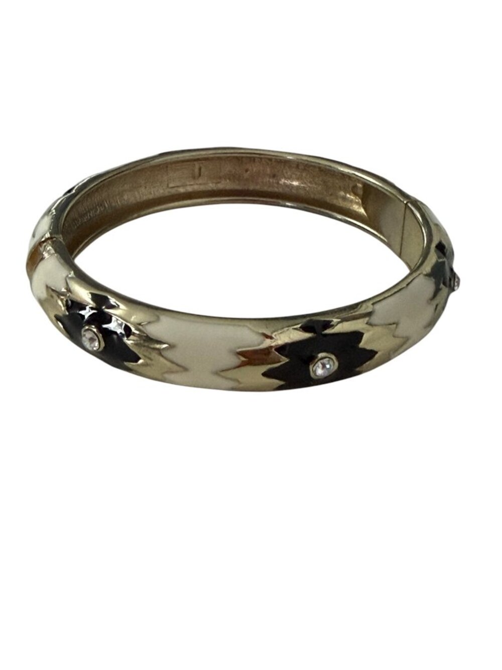 Vintage Black White Enamel Flower Rhinestone Gold Tone Hinged Bangle Bracelet 2.